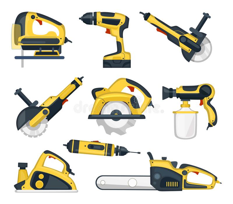 set-yellow-power-tools-professional-craftsman-vector-illustration-instruments-handyman-flat-style-renovation-181761505